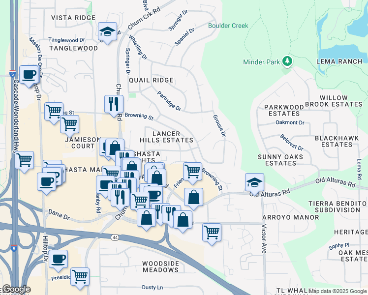 map of restaurants, bars, coffee shops, grocery stores, and more near 1445 Serrano Place in Redding