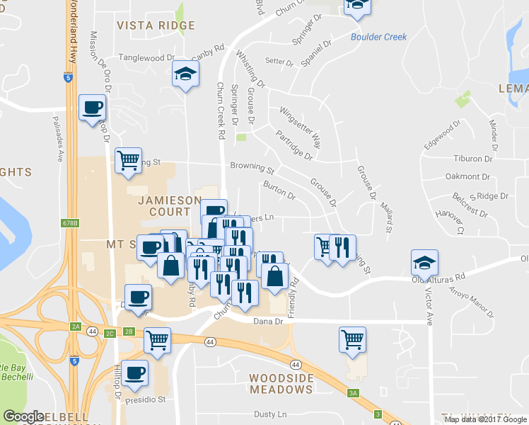 map of restaurants, bars, coffee shops, grocery stores, and more near 1229 Burton Court in Redding