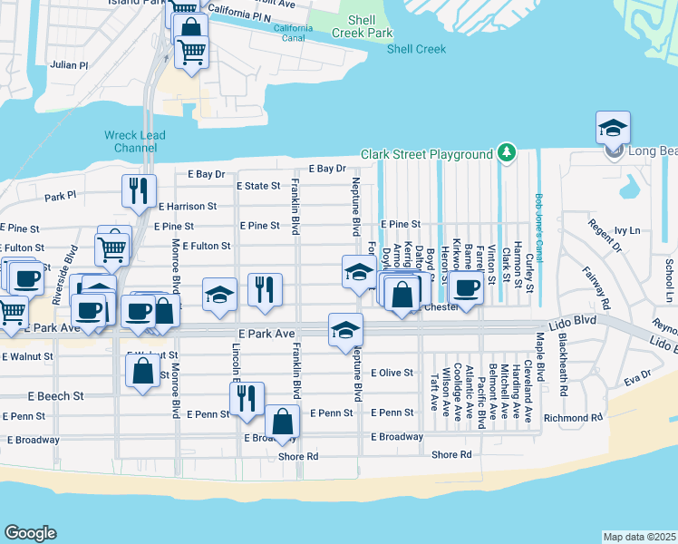 map of restaurants, bars, coffee shops, grocery stores, and more near 455 Neptune Boulevard in Long Beach