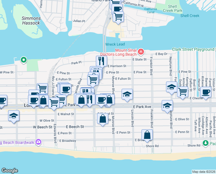 map of restaurants, bars, coffee shops, grocery stores, and more near 250 East Market Street in Long Beach