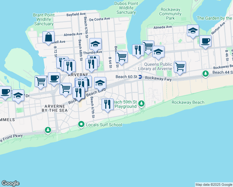 map of restaurants, bars, coffee shops, grocery stores, and more near 6316 Ocean Avenue North in Queens