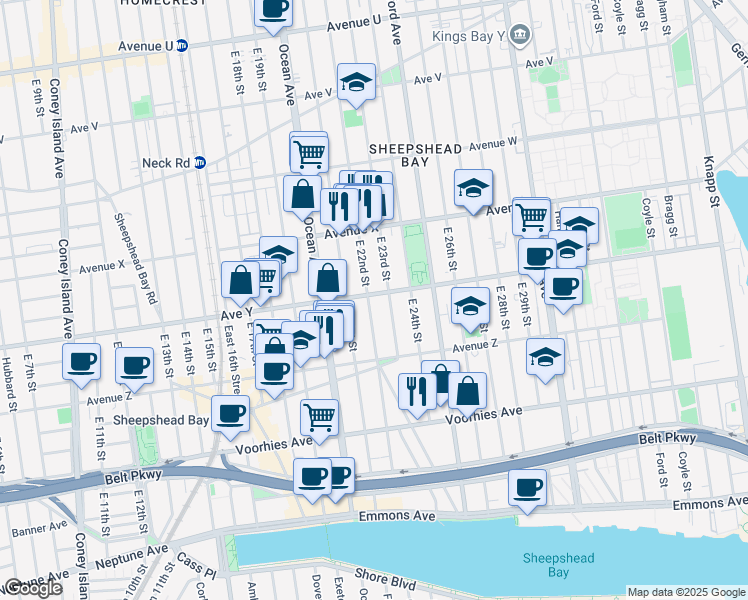map of restaurants, bars, coffee shops, grocery stores, and more near 2538 East 23rd Street in Brooklyn