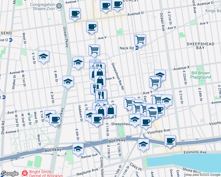 map of restaurants, bars, coffee shops, grocery stores, and more near 2470 East 12th Street in Brooklyn