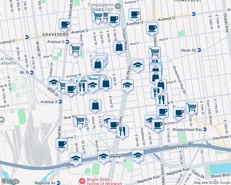 map of restaurants, bars, coffee shops, grocery stores, and more near 20 Ocean Court in Brooklyn