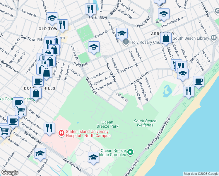 map of restaurants, bars, coffee shops, grocery stores, and more near 290 Olympia Boulevard in Staten Island