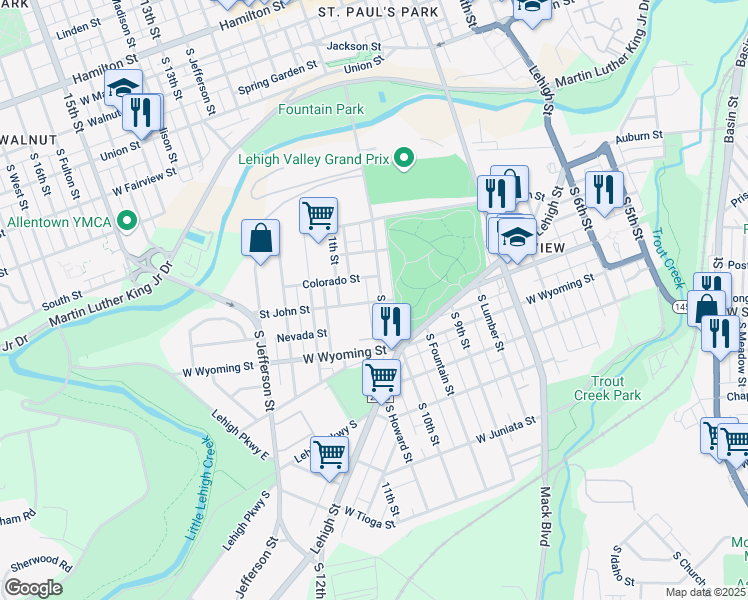 map of restaurants, bars, coffee shops, grocery stores, and more near 923 South 10th Street in Allentown