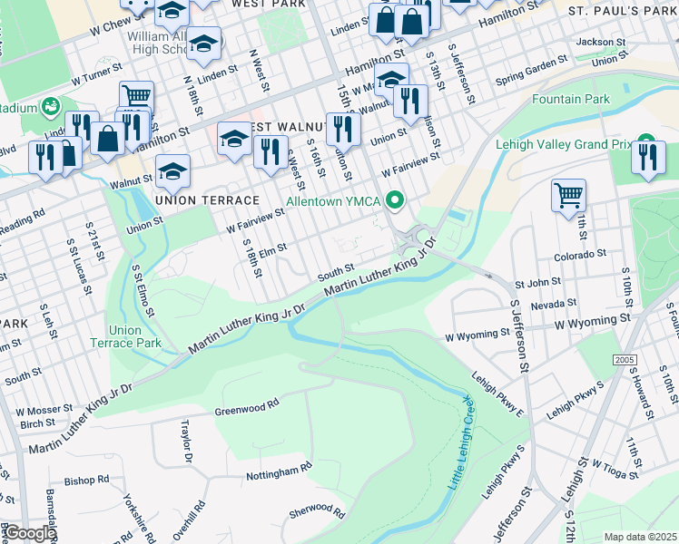 map of restaurants, bars, coffee shops, grocery stores, and more near 1667 Lehigh Parkway East in Allentown