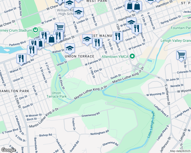 map of restaurants, bars, coffee shops, grocery stores, and more near 438 South 18th Street in Allentown
