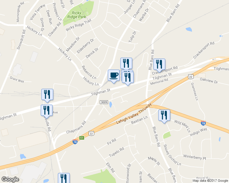 map of restaurants, bars, coffee shops, grocery stores, and more near 6135 Memorial Road in Allentown