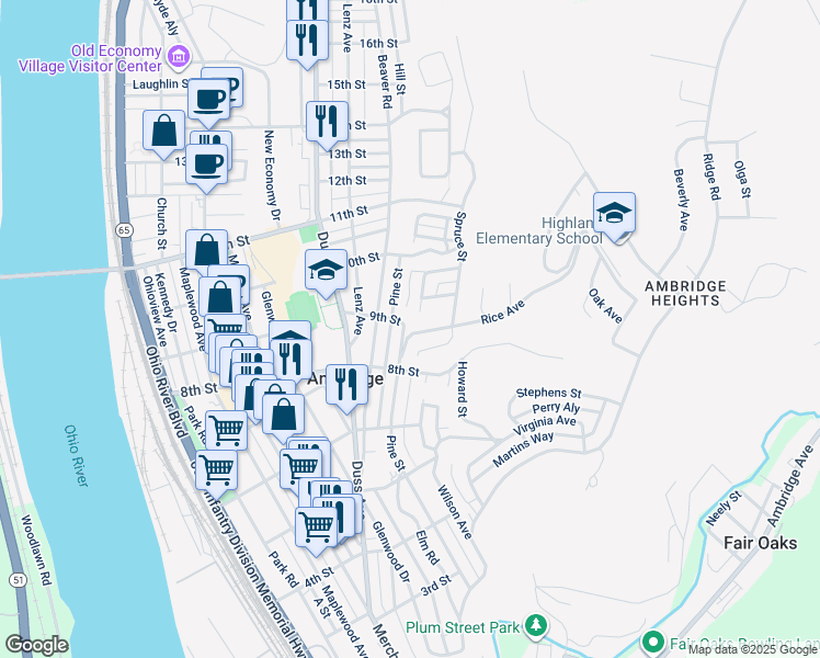 map of restaurants, bars, coffee shops, grocery stores, and more near 811 Pine Street in Ambridge