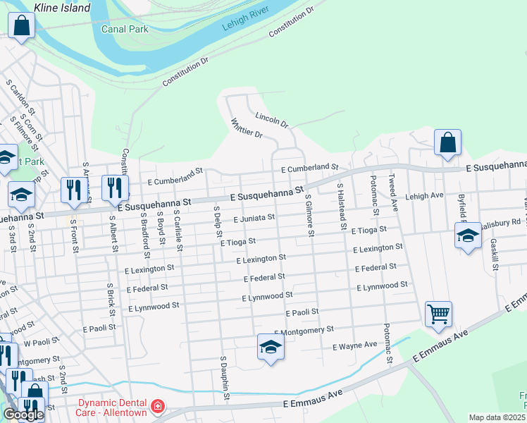 map of restaurants, bars, coffee shops, grocery stores, and more near 540 East Juniata Street in Allentown