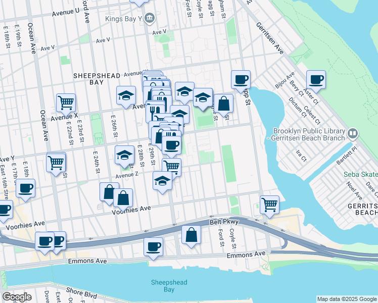 map of restaurants, bars, coffee shops, grocery stores, and more near 2965 Avenue Z in Brooklyn