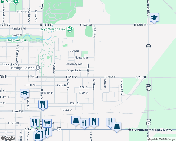 map of restaurants, bars, coffee shops, grocery stores, and more near 732 North 5th Avenue in Hastings