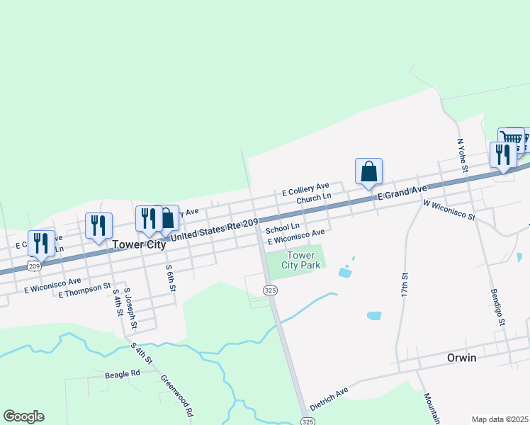 map of restaurants, bars, coffee shops, grocery stores, and more near 1015 East Grand Avenue in Tower City