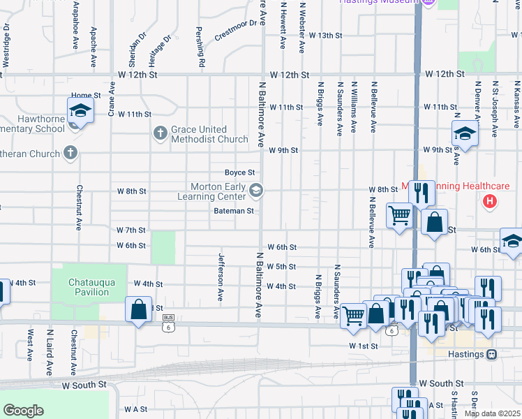 map of restaurants, bars, coffee shops, grocery stores, and more near 731 North Baltimore Avenue in Hastings