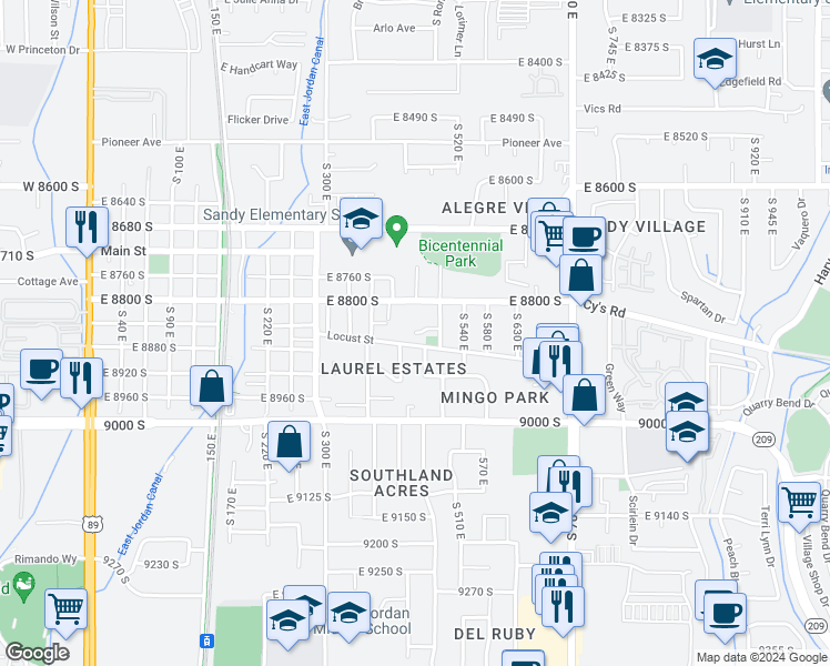 map of restaurants, bars, coffee shops, grocery stores, and more near 461 East 8860 South in Sandy