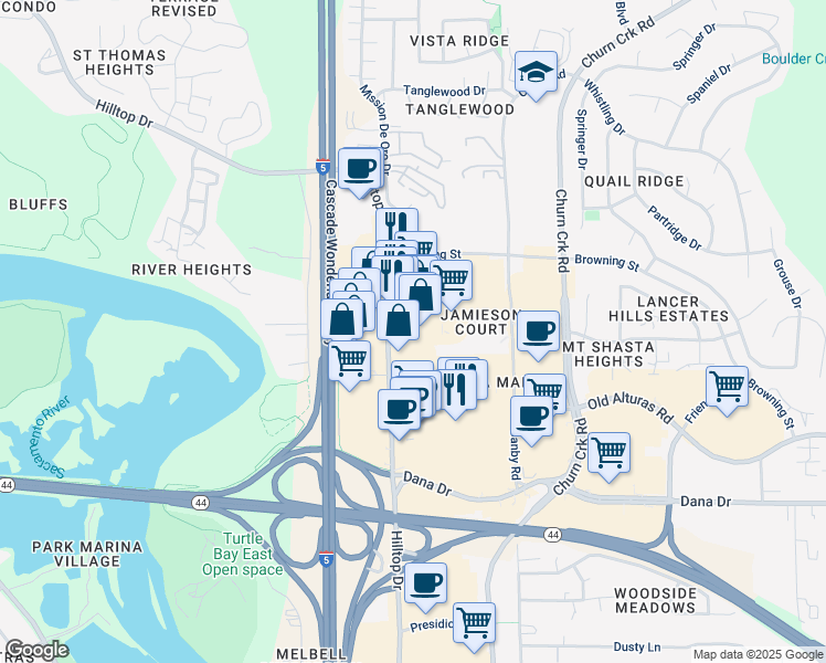 map of restaurants, bars, coffee shops, grocery stores, and more near 1233 Hilltop Drive in Redding