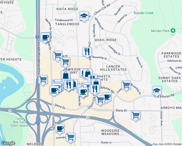 map of restaurants, bars, coffee shops, grocery stores, and more near Churn Creek Road & Lancers Lane in Redding