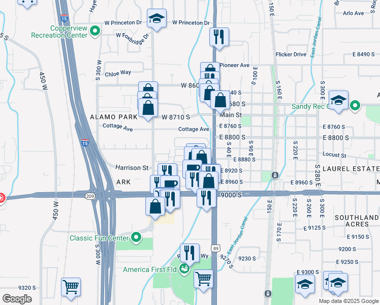 map of restaurants, bars, coffee shops, grocery stores, and more near 8870 State Street in Sandy