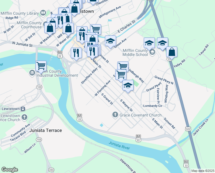 map of restaurants, bars, coffee shops, grocery stores, and more near 505 South Wayne Street in Lewistown
