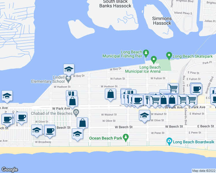 map of restaurants, bars, coffee shops, grocery stores, and more near 400 West Hudson Street in Long Beach