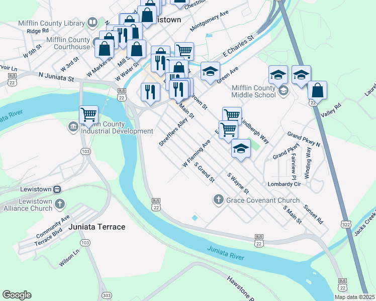 map of restaurants, bars, coffee shops, grocery stores, and more near 447 South Grand Street in Lewistown