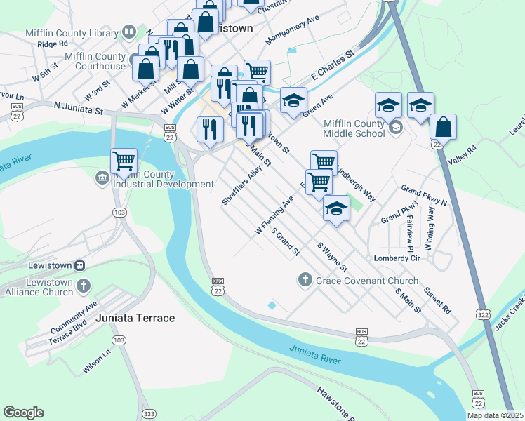 map of restaurants, bars, coffee shops, grocery stores, and more near 447 South Grand Street in Lewistown