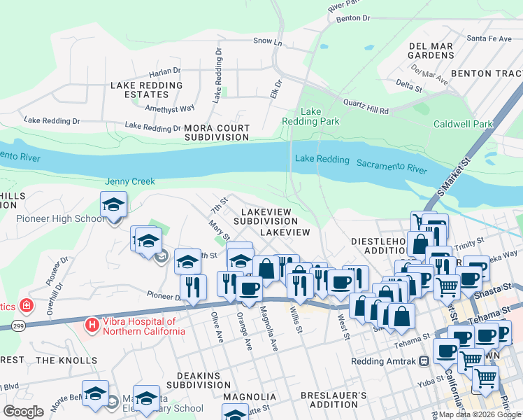 map of restaurants, bars, coffee shops, grocery stores, and more near 1840 8th Street in Redding