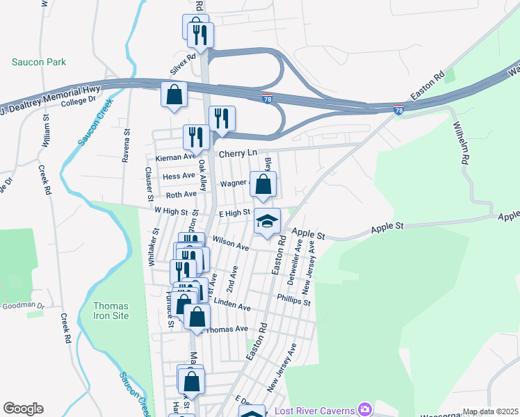 map of restaurants, bars, coffee shops, grocery stores, and more near 215 East High Street in Hellertown