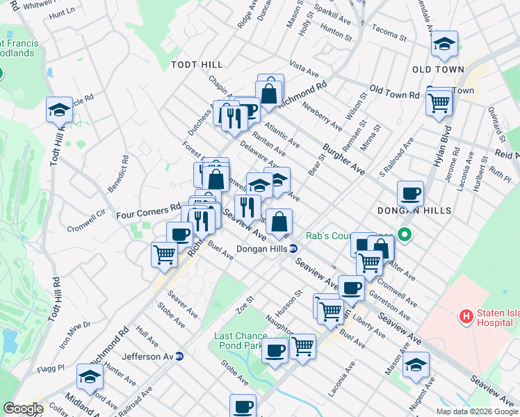 map of restaurants, bars, coffee shops, grocery stores, and more near 50 Jefferson Street in Staten Island