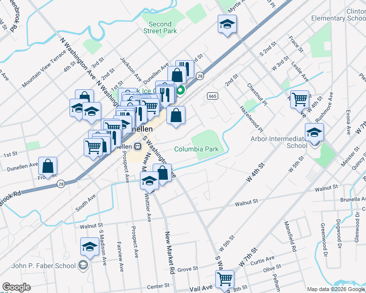 map of restaurants, bars, coffee shops, grocery stores, and more near 216 Columbia Street in Dunellen