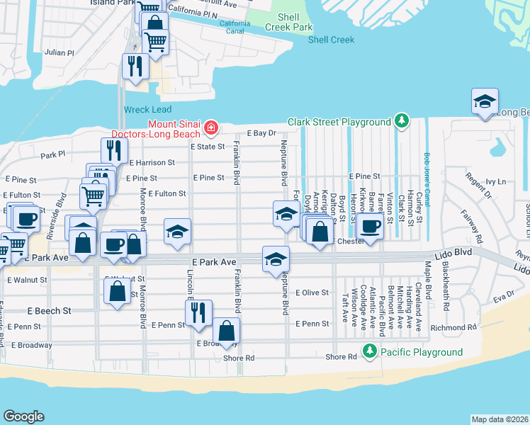 map of restaurants, bars, coffee shops, grocery stores, and more near 546 East Hudson Street in Long Beach