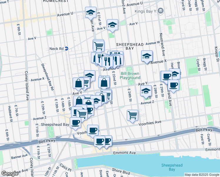 map of restaurants, bars, coffee shops, grocery stores, and more near 2499 East 21st Street in Brooklyn