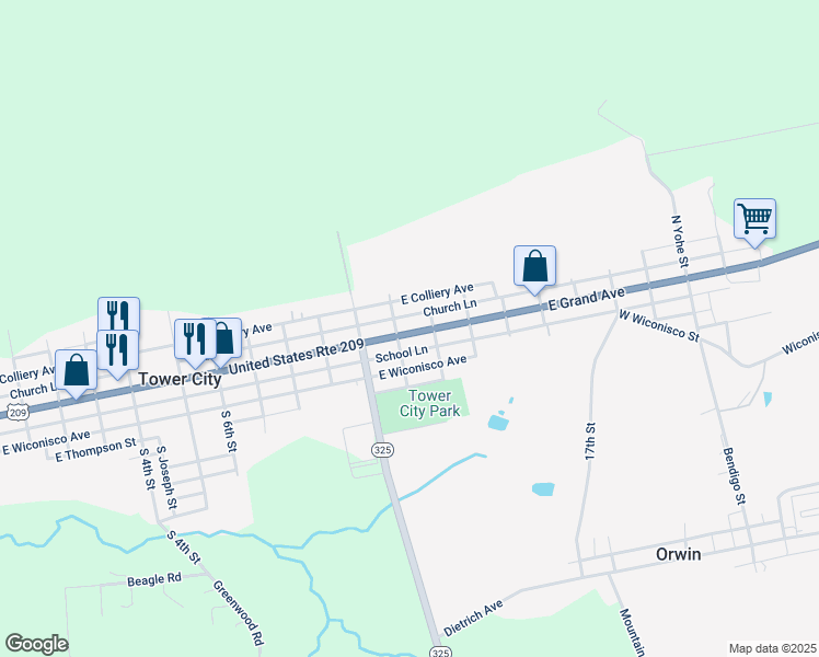 map of restaurants, bars, coffee shops, grocery stores, and more near 1113 East Grand Avenue in Tower City