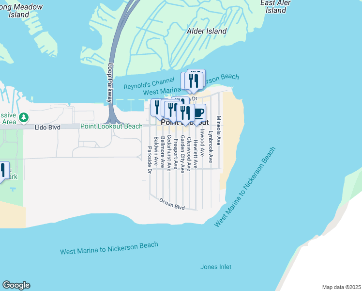 map of restaurants, bars, coffee shops, grocery stores, and more near 55 Garden City Avenue in Point Lookout