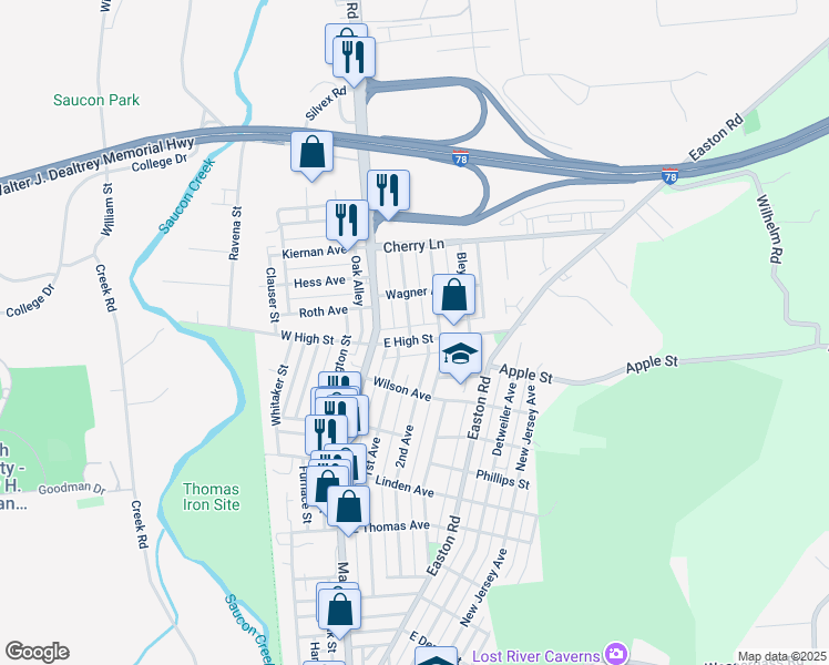 map of restaurants, bars, coffee shops, grocery stores, and more near 125 East High Street in Hellertown