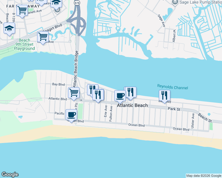 map of restaurants, bars, coffee shops, grocery stores, and more near 1940 Bay Boulevard in Atlantic Beach