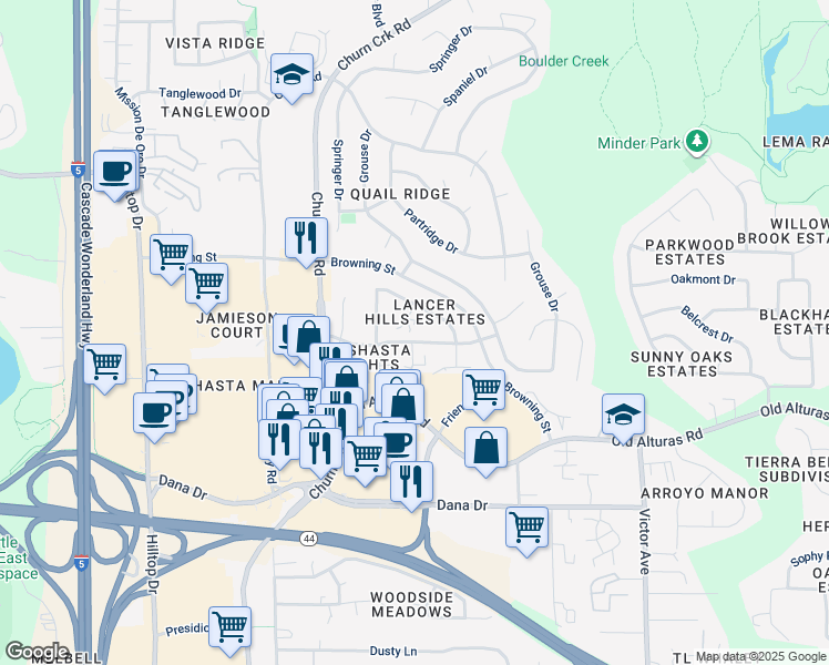 map of restaurants, bars, coffee shops, grocery stores, and more near 1167 Weatherby Court in Redding