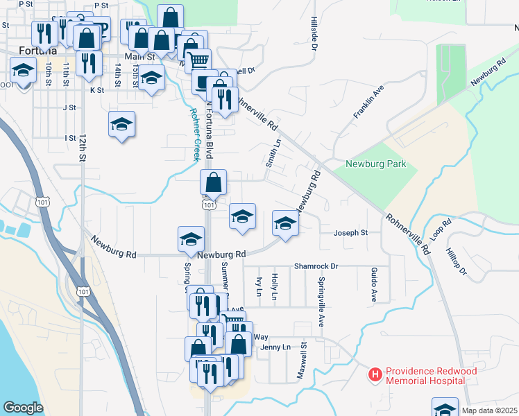 map of restaurants, bars, coffee shops, grocery stores, and more near 2401 Newburg Road in Fortuna