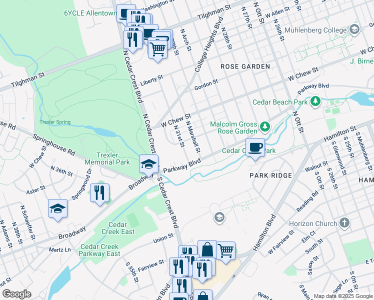 map of restaurants, bars, coffee shops, grocery stores, and more near 127 North 31st Street in Allentown