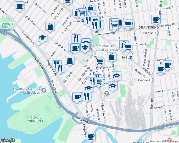 map of restaurants, bars, coffee shops, grocery stores, and more near 56 Bay 46th Street in Brooklyn