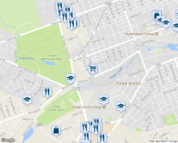 map of restaurants, bars, coffee shops, grocery stores, and more near 127 North 31st Street in Allentown