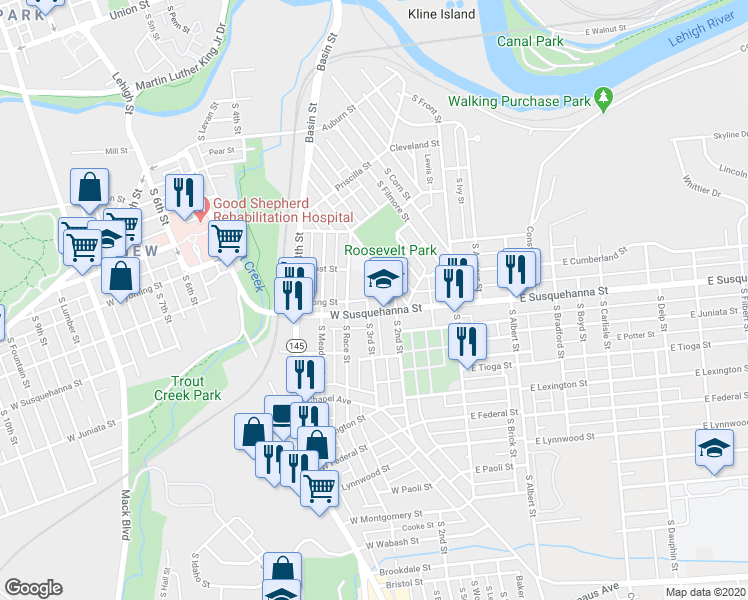 map of restaurants, bars, coffee shops, grocery stores, and more near 920 South 2nd Street in Allentown
