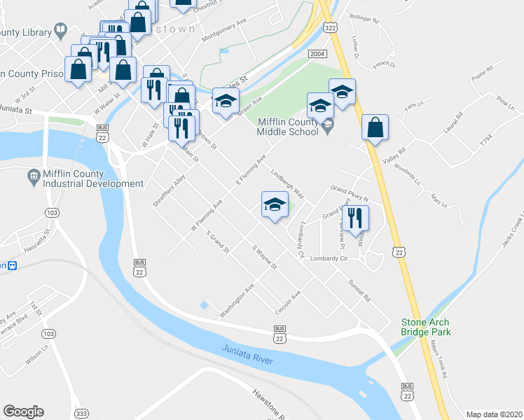 map of restaurants, bars, coffee shops, grocery stores, and more near 533 South Main Street in Lewistown