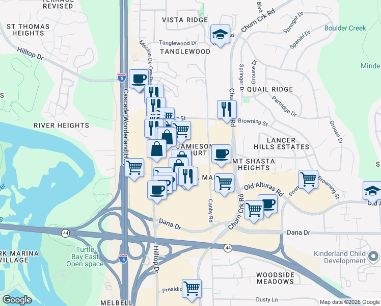 map of restaurants, bars, coffee shops, grocery stores, and more near 923 Jamieson Court in Redding