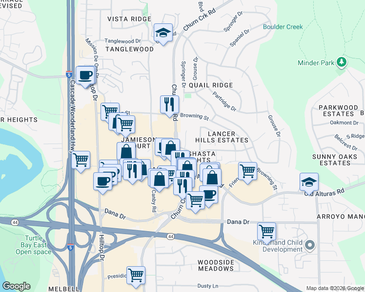map of restaurants, bars, coffee shops, grocery stores, and more near 1180 Brandon Court in Redding