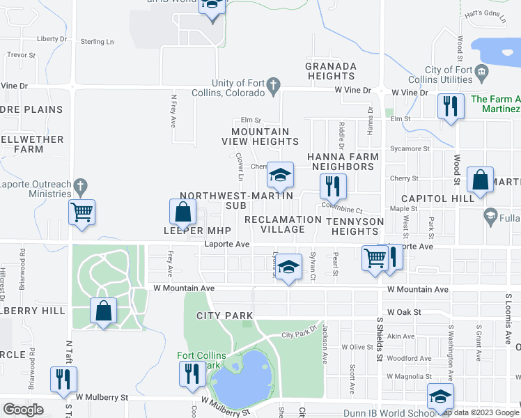map of restaurants, bars, coffee shops, grocery stores, and more near 231 Bishop Street in Fort Collins
