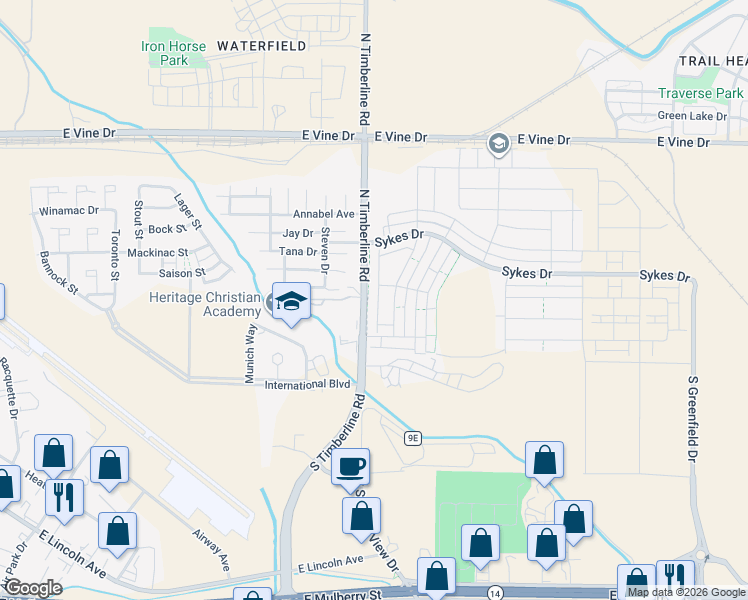 map of restaurants, bars, coffee shops, grocery stores, and more near 411 Skyraider Way in Fort Collins
