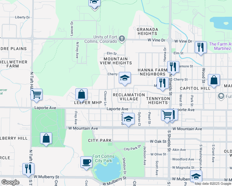 map of restaurants, bars, coffee shops, grocery stores, and more near 305 North Roosevelt Avenue in Fort Collins