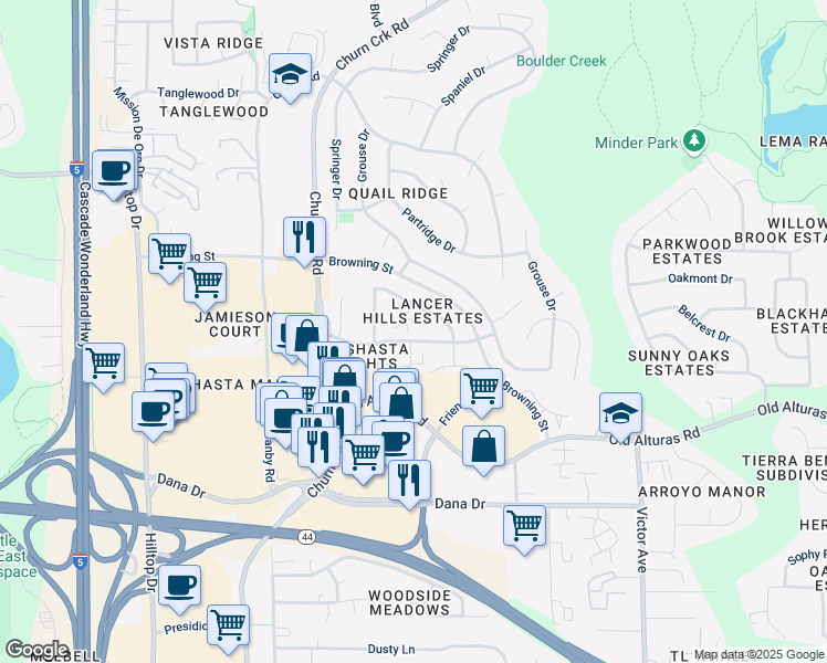 map of restaurants, bars, coffee shops, grocery stores, and more near 1036 Burton Drive in Redding